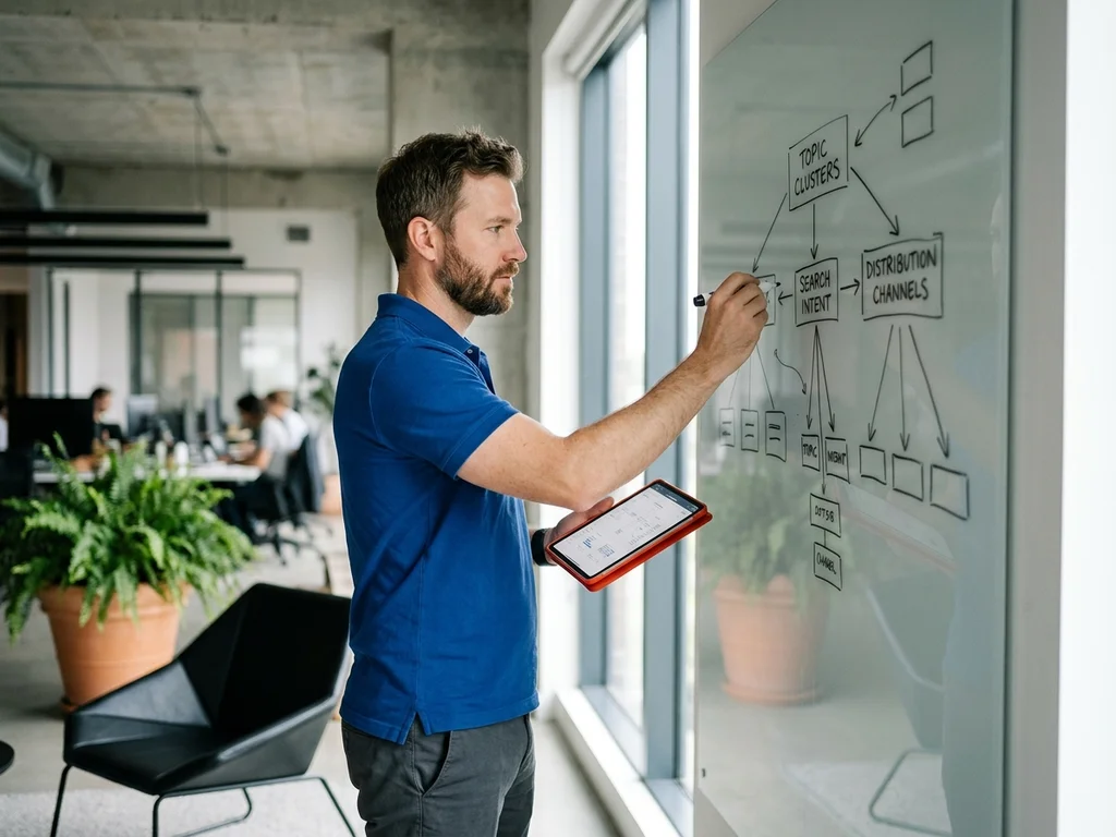 Un consultant SEO organise une stratégie sémantique sur tableau pour accroître l'autorité d'un site.