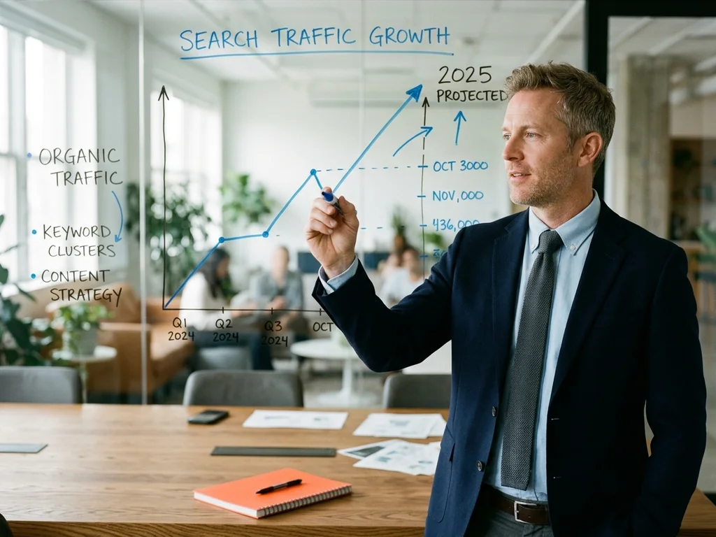 Un expert analyse la progression des positions Google sur un tableau pour amplifier l'audience.
