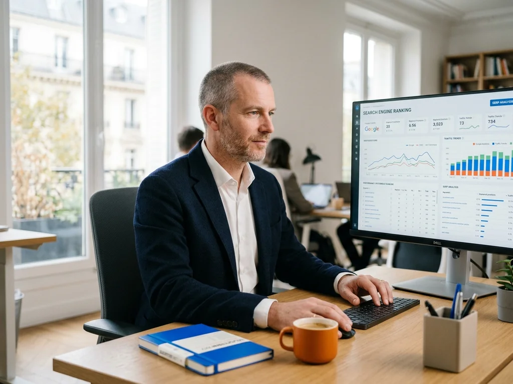 Julien Marchand, consultant SEO senior à Bourg-en-Bresse, analyse les performances web d'un client.
