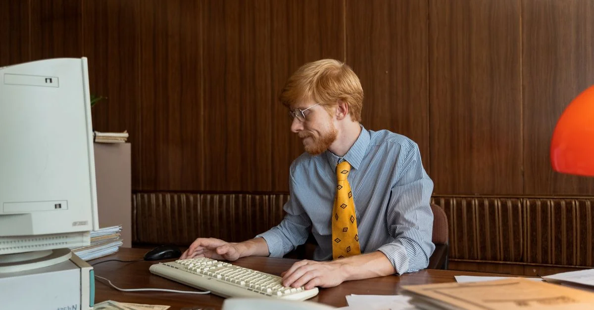 Homme dans un bureau des années 80 travaillant sur un vieil ordinateur, incarnant des vibrations rétro d'affaires.